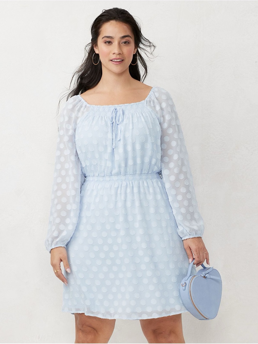 Lauren Conrad Light Blue Polka Dot Long-Sleeve Smocked Waist Dress